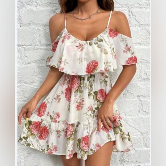 White floral off shoulder ruffle sundress size 6 - Picture 1 of 8
